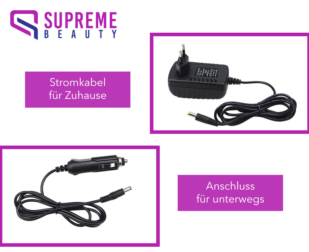 Schwarzes Netzteil und Autoladegerät für Supreme Beauty Haarstyling-Geräte.