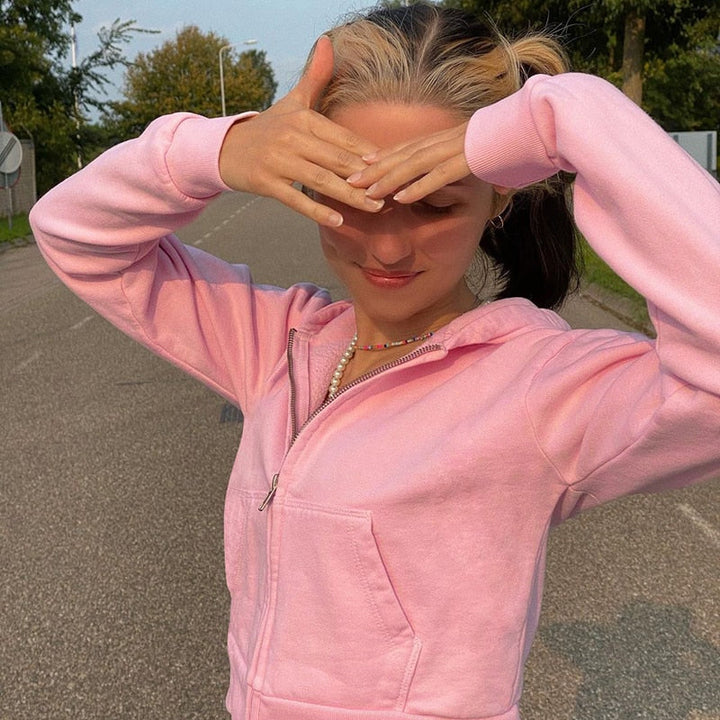 Podzimní trendová dámská cropped mikina na zip s kapucí – Alina