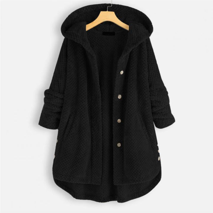 Schwarzer Damen-Fleece-Mantel mit Kapuze, Knöpfen, warm, modisch, Herbst-Winter-Bekleidung.