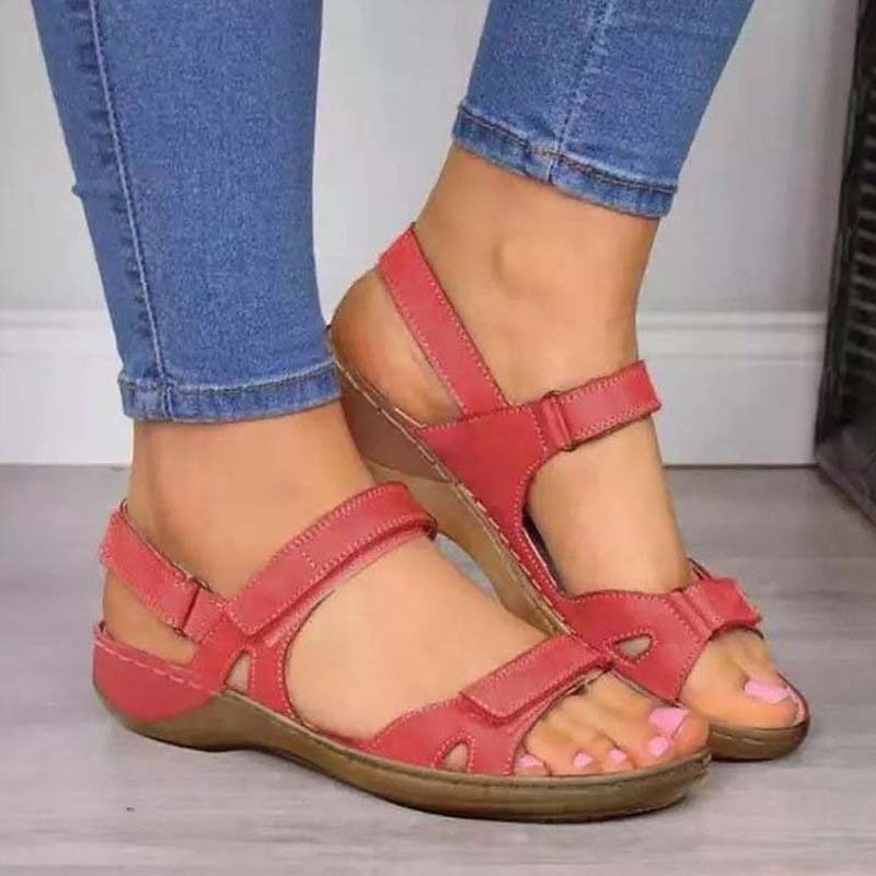 Rote Damen-Sandalen, bequem, Leder, Klettverschluss, Sommermode, Freizeit, flache Sohle.