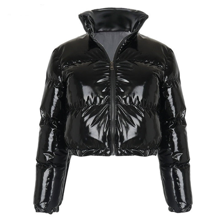 Schwarze glänzende Damen-Daunenjacke, kurz, mit Reißverschluss, modisch, Winterbekleidung.