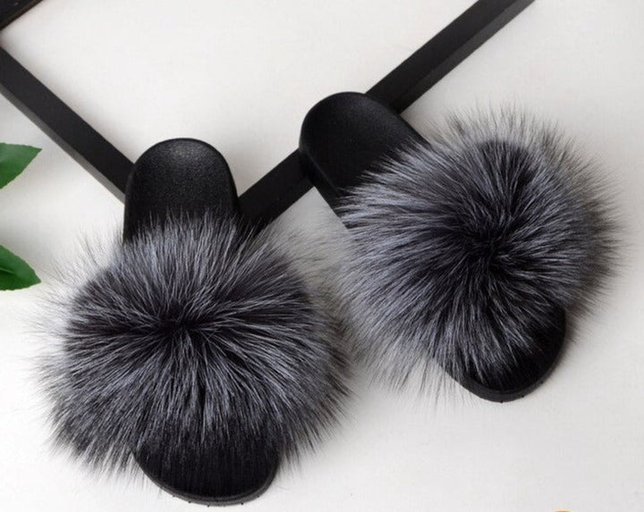 Schwarze Pelzhausschuhe Damen, flauschig, rutschfest, modisch, bequem, Kunstpelz.