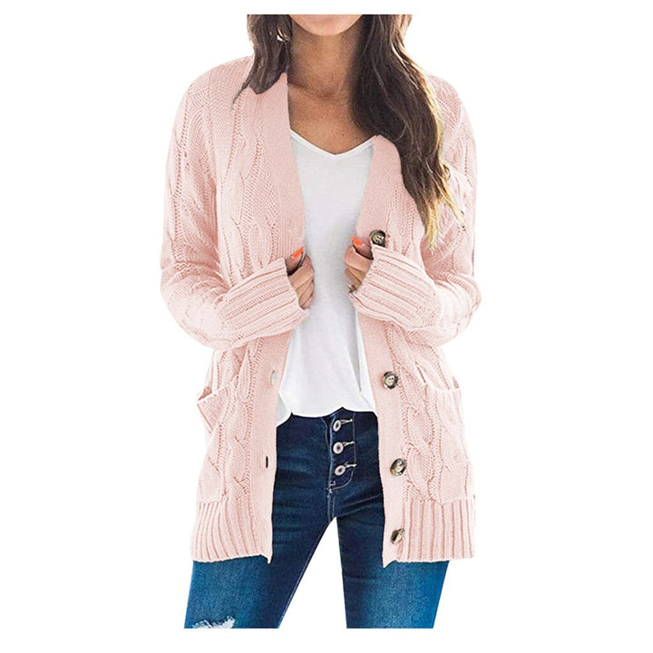 Damen Strickjacke rosa, Zopfmuster, Knöpfe, lässig, modisch, Herbstmode, gemütlich, elegant.