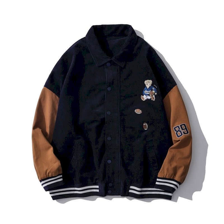 Schwarze Collegejacke mit braunen Ärmeln, Bärenstickerei, Knöpfen, sportlicher Stil.