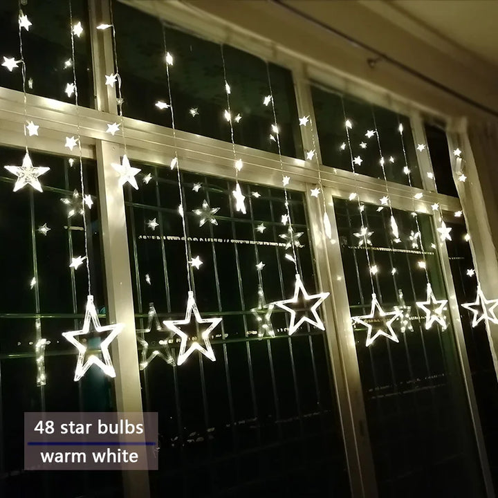 Warme weiße LED-Stern-Lichterkette, 48 Sterne, Fensterdekoration, festliche Beleuchtung.