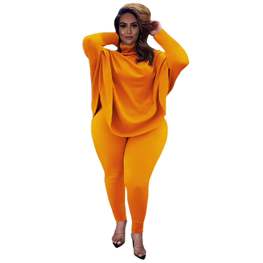 Frau in orangefarbenem Strickpullover und Leggings, modisch, bequem, Herbstmode.