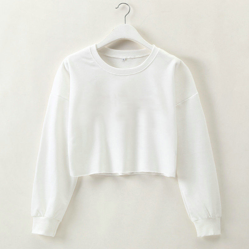 Weißes Damen-Crop-Top aus Baumwolle, Langarm, Rundhalsausschnitt, modisch, bequem.