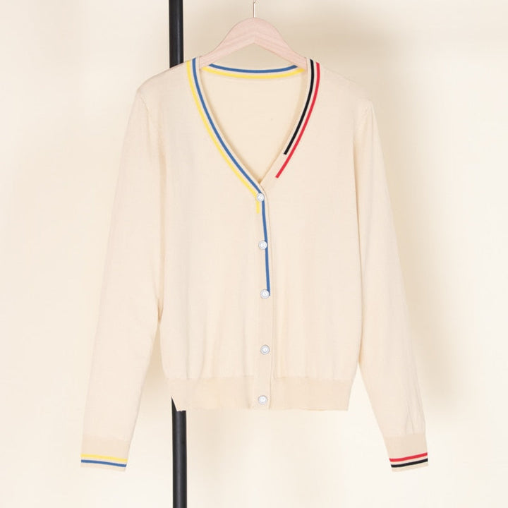 Beiger Cardigan mit V-Ausschnitt, bunte Streifen, Knöpfe, Damenmode, Baumwolle.