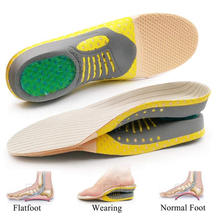 Gel-Einlegesohlen für flache Füße, gelb-grau, orthopädisch, Fußgewölbeunterstützung, Komfort.