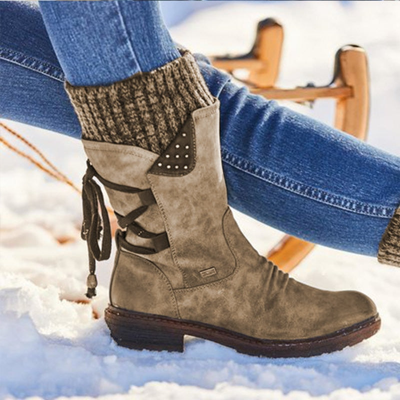 Damen Winterstiefel beige Leder, Schnürung, warm gefüttert, rutschfest, modisch, Outdoor