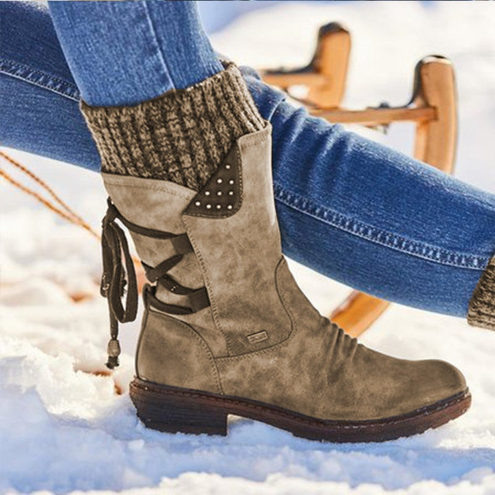 Damen Winterstiefel beige Leder, Schnürung, warm gefüttert, rutschfest, modisch, Outdoor