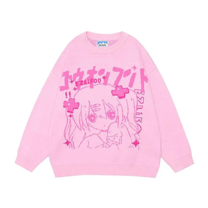 Rosa Pullover mit Anime-Motiv, Baumwolle, Unisex, modisch, lässig, Herbstmode.