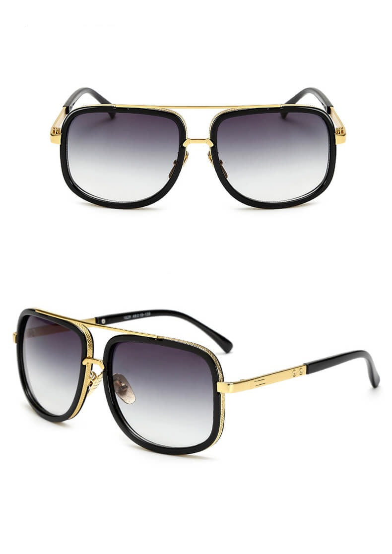 Schwarze Sonnenbrille mit goldenen Akzenten, UV-Schutz, modisches Accessoire für Herren.