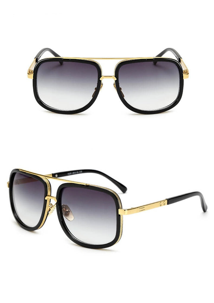 Schwarze Sonnenbrille mit goldenen Akzenten, UV-Schutz, modisches Accessoire für Herren.