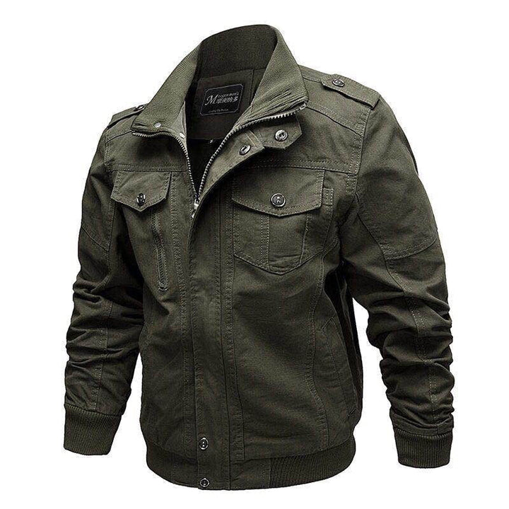 Olivgrüne Herrenjacke, Baumwolle, Reißverschluss, Knopftaschen, lässiger Stil.