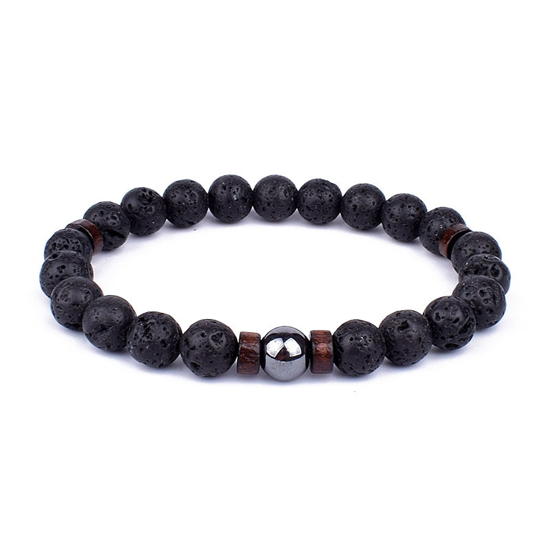 Armband aus Lavastein und Holz, elastisch, schwarz, für Herren, Schmuck, modisch, Geschenkidee.