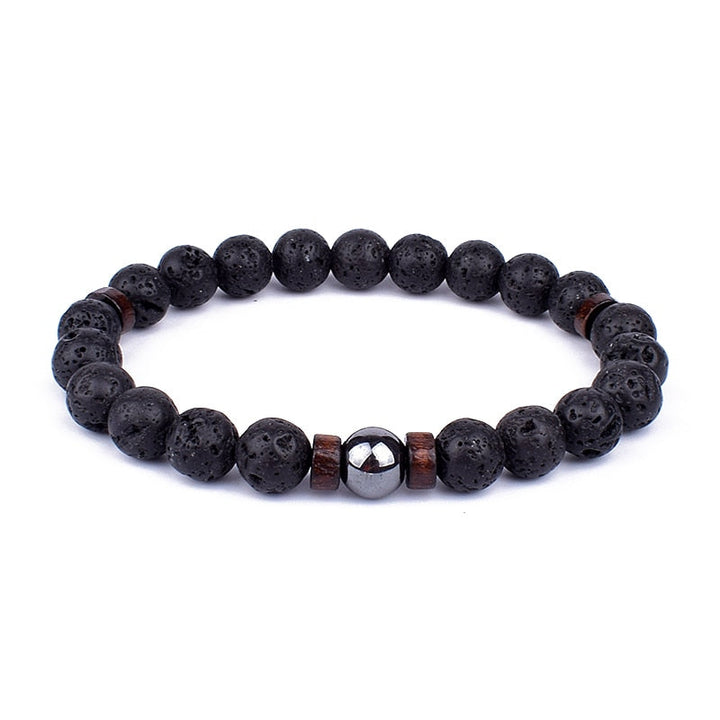Armband aus Lavastein und Holz, elastisch, schwarz, für Herren, Schmuck, modisch, Geschenkidee.