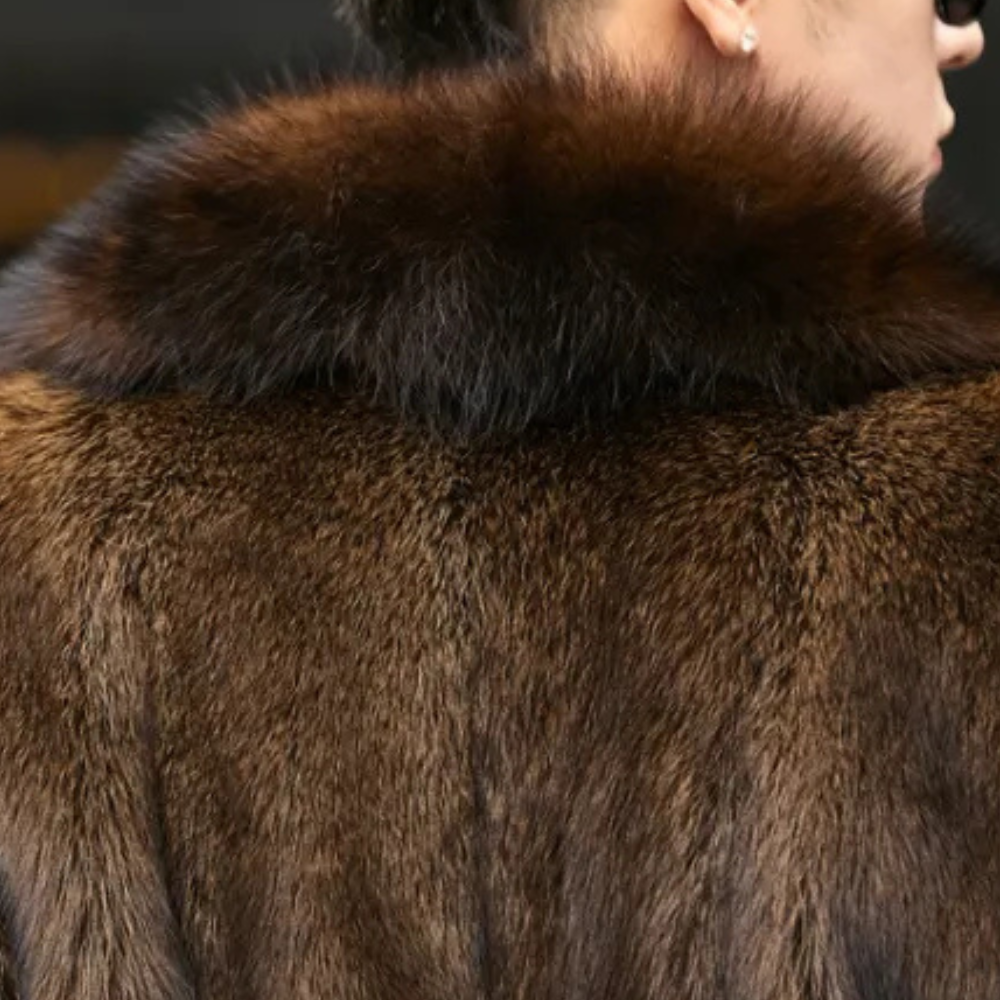 Brauner Pelzmantel, luxuriöses Design, weiches Fell, elegante Mode, Winterbekleidung.