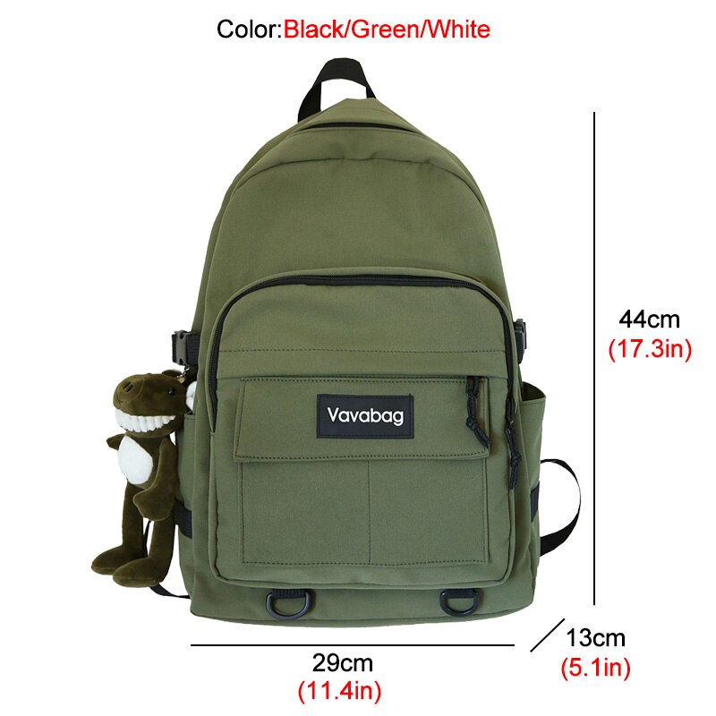 Grüner Rucksack mit Vavabag-Logo, Fronttasche, Plüschtieranhänger, 44cm hoch.