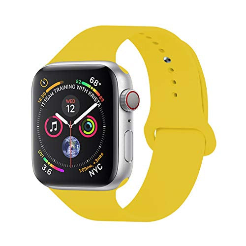 Gelbe Smartwatch mit Aluminiumgehäuse, Fitness-Tracking, Musiksteuerung, GPS, Touchscreen.