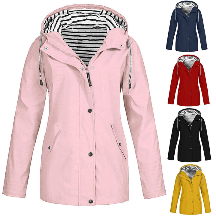 Damen Regenjacke rosa, Kapuze, gestreiftes Innenfutter, wasserdicht, Outdoor-Bekleidung.