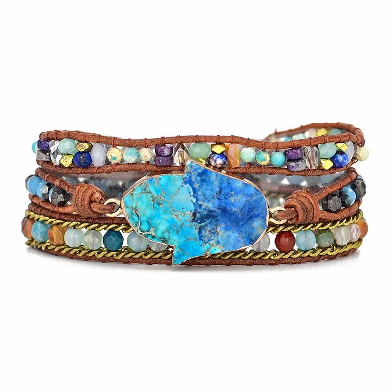 Mehrschichtiges Armband mit blauen Steinen, handgefertigt, Leder, Boho-Stil, Damen-Schmuck.