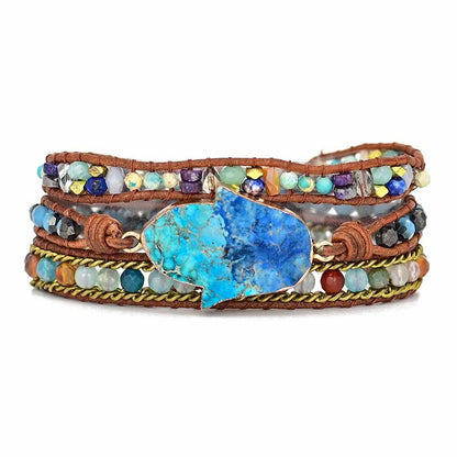 Mehrschichtiges Armband mit blauen Steinen, handgefertigt, Leder, Boho-Stil, Damen-Schmuck.
