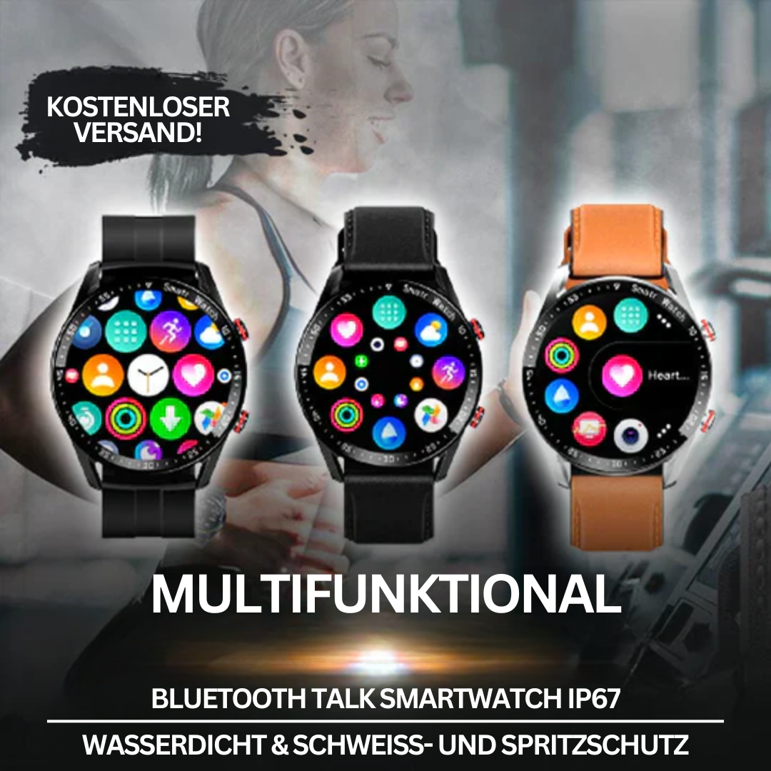 Multifunktionale Bluetooth Smartwatch, wasserdicht, IP67, schwarz und orange Armband.