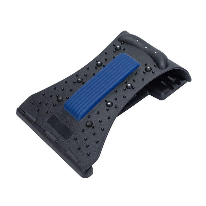 Schwarze Rückenstreckhilfe mit blauer Polsterung, ergonomisch, für Rückenschmerzen Linderung.