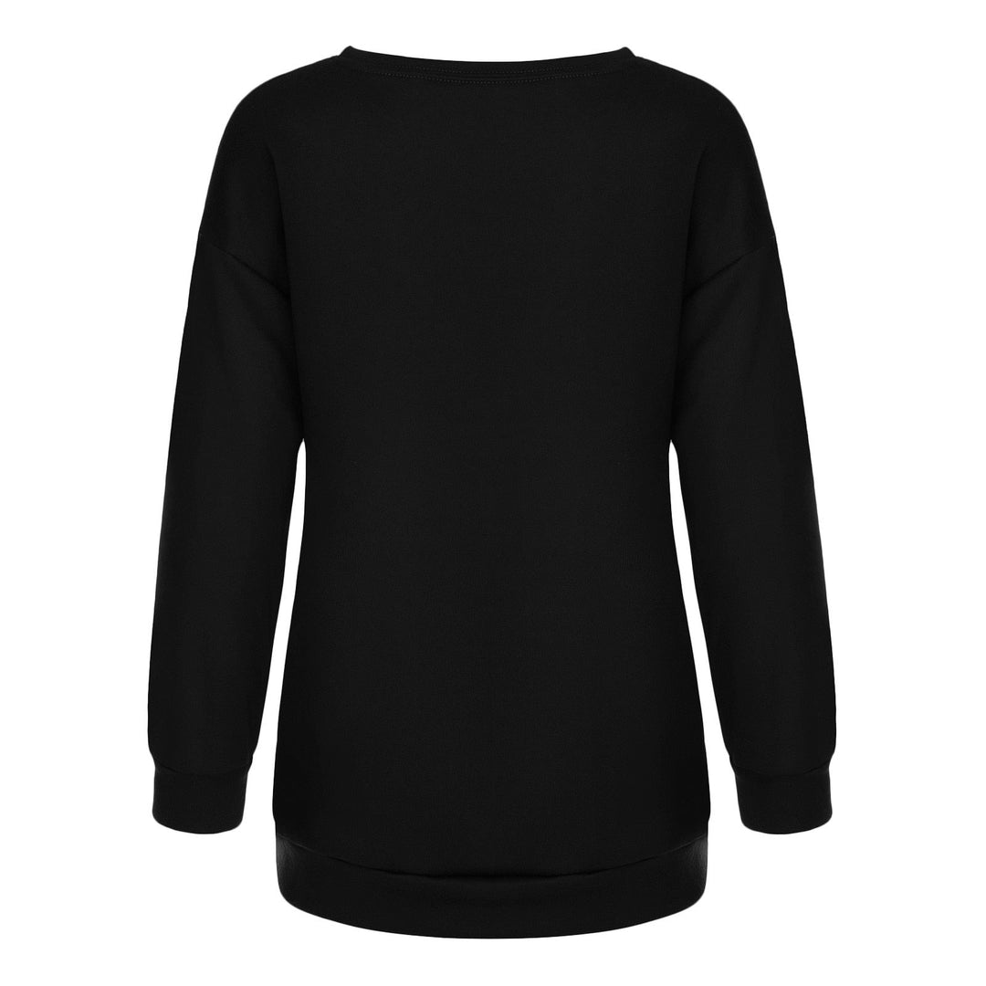Schwarzer Damenpullover, langärmelig, Baumwolle, lässig, modisch, Rückansicht.