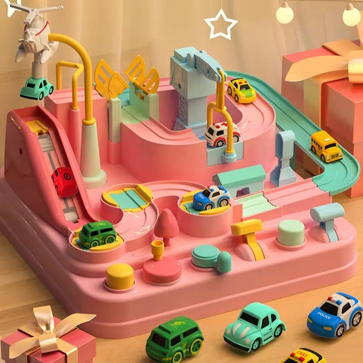 Buntes Spielzeug-Autorennbahn-Set aus Kunststoff mit Autos, Geschenkboxen und Sternendekorationen.