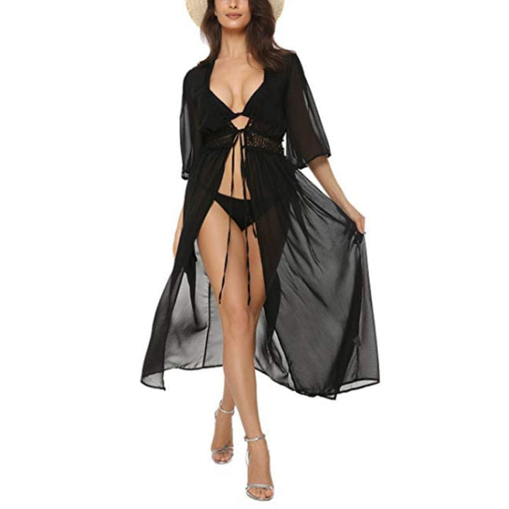 Schwarzer Strandkimono Damen, transparent, leicht, Sommermode, Badebekleidung, elegant.