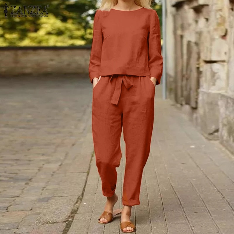 Frau in rotem Leinen-Zweiteiler, lässig, Sommermode, bequeme Kleidung, Straße, ZANZEA.