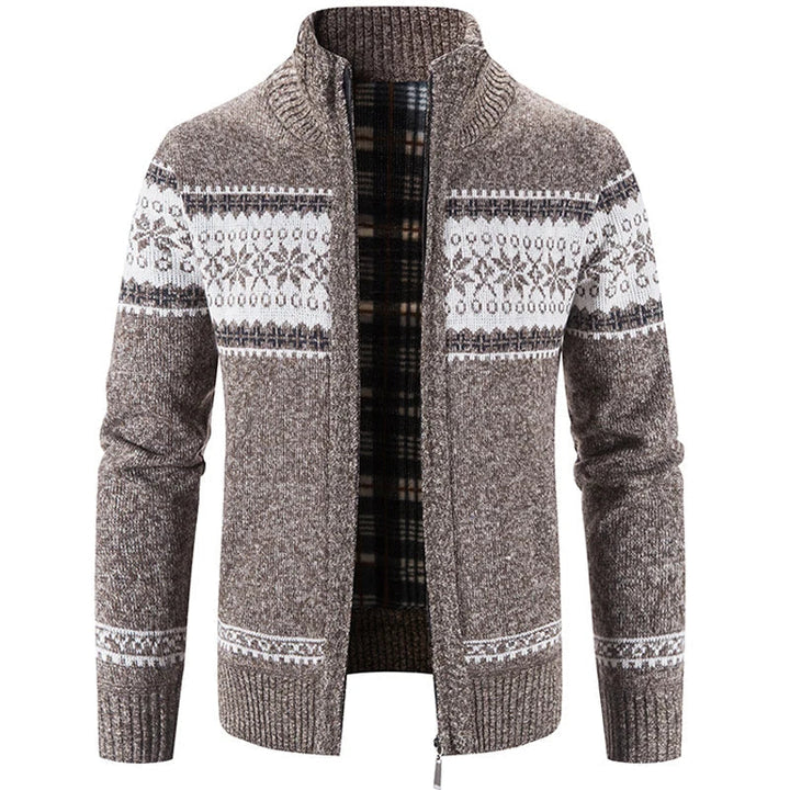 Braune Herren-Strickjacke mit Reißverschluss, Norwegermuster, Wintermode, warm, casual.
