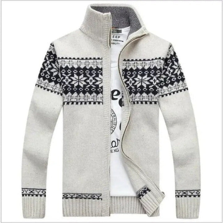 Herren Strickjacke mit geometrischem Muster, beige und schwarz, Reißverschluss, Wintermode.