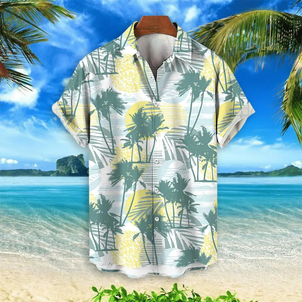 Herren Hawaiihemd mit Palmenmuster, kurzärmelig, tropisches Design, Strandhintergrund.