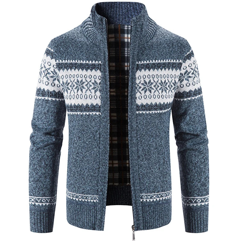 Grauer Herren-Strickjacke mit Reißverschluss, Wintermode, skandinavisches Muster, warm.