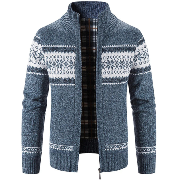 Grauer Herren-Strickjacke mit Reißverschluss, Wintermode, skandinavisches Muster, warm.