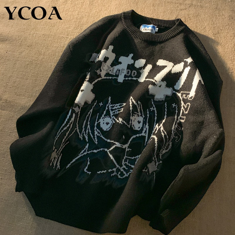 Schwarzer Anime-Pullover, Unisex, Baumwolle, Cartoon-Design, lässig, modisch, Herbstkleidung.