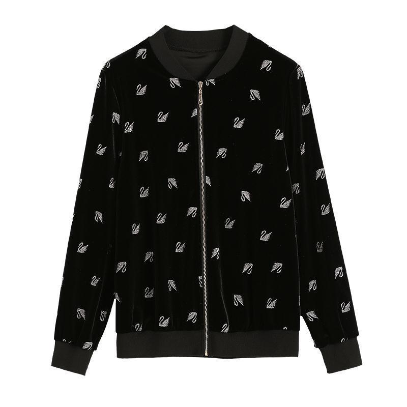 Schwarze Samtjacke mit Schwanenstickerei, Reißverschluss, modische Damenbekleidung.