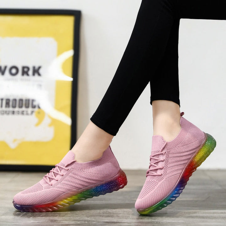 Rosa Damen-Sneaker mit Regenbogen-Sohle, atmungsaktiv, modisch, bequem, Freizeit.