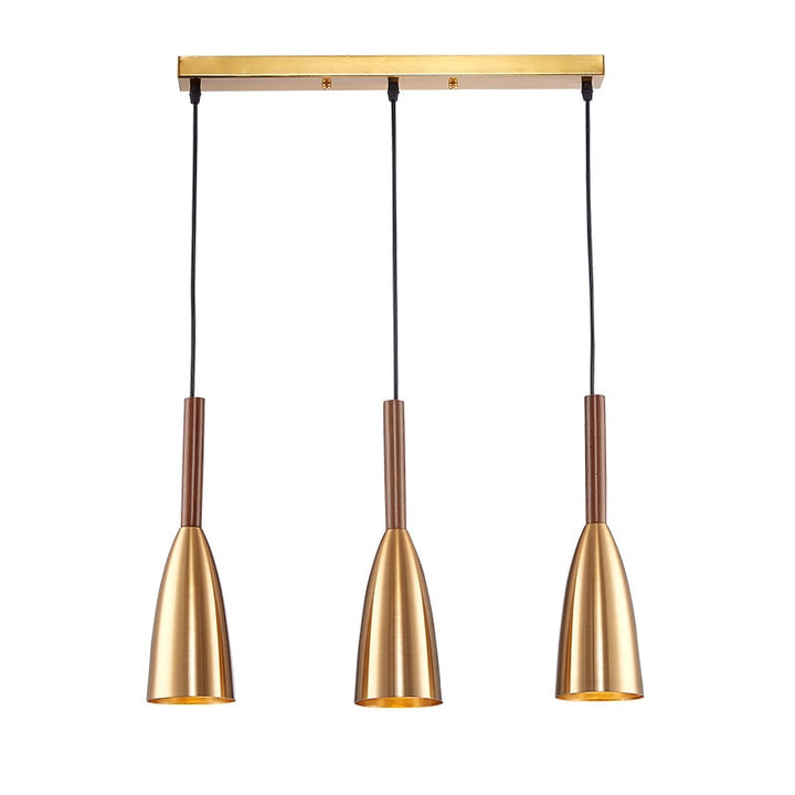 Goldene Pendelleuchte mit drei Lampenschirmen, modernes Design, ideal für Esszimmerbeleuchtung.
