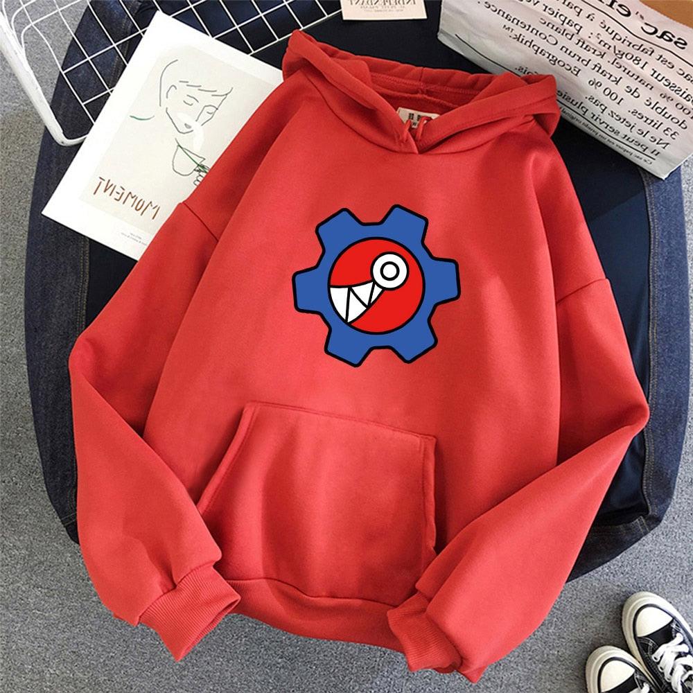 Roter Kapuzenpullover mit Zahnrad-Design, Baumwolle, Unisex, modisch, bequem, Freizeitkleidung.