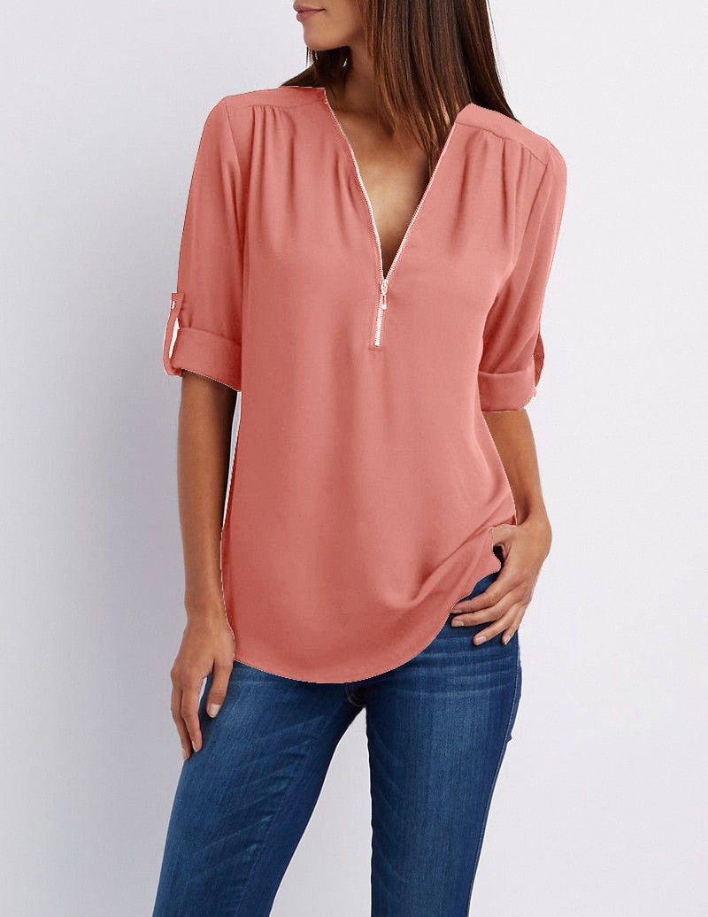 Damenbluse rosa, V-Ausschnitt, 3/4-Ärmel, Reißverschluss, lässig, elegant, Baumwolle.