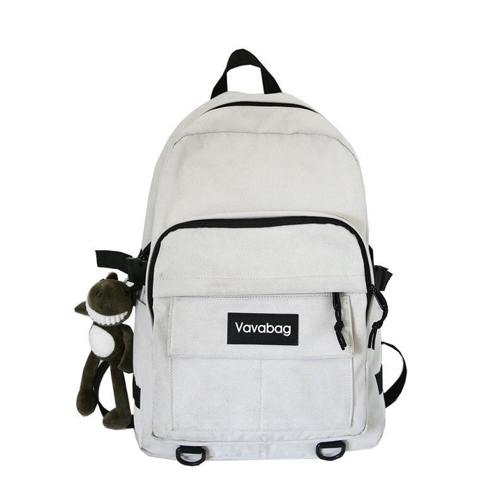 Weißer Rucksack mit Vavabag-Logo, Plüschtier-Anhänger, Schulrucksack, Unisex, robustes Material.