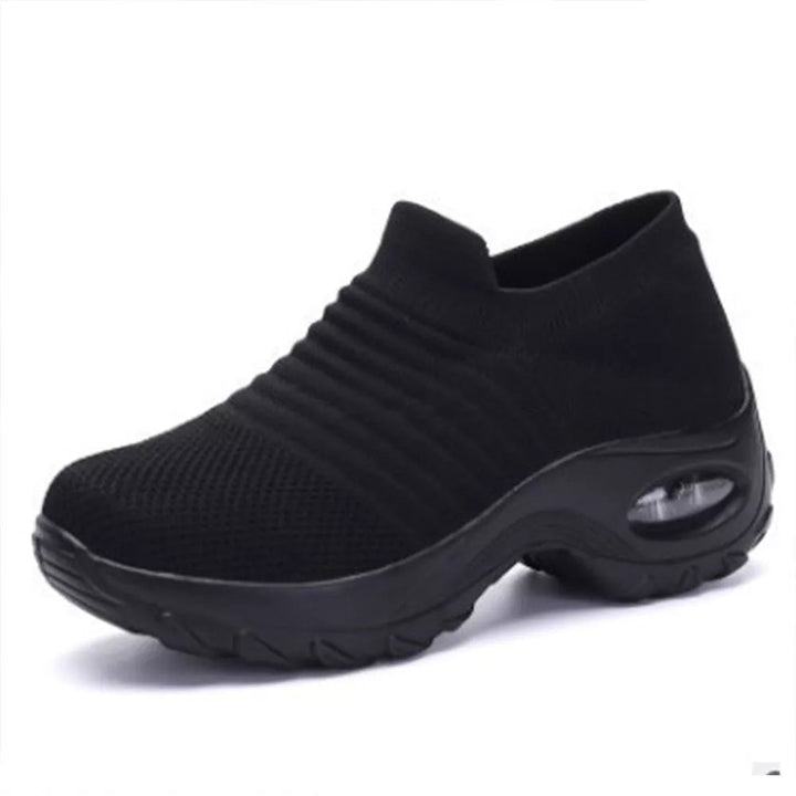 Schwarze Damen-Sneaker mit Luftkissen, bequem, atmungsaktiv, rutschfeste Sohle.