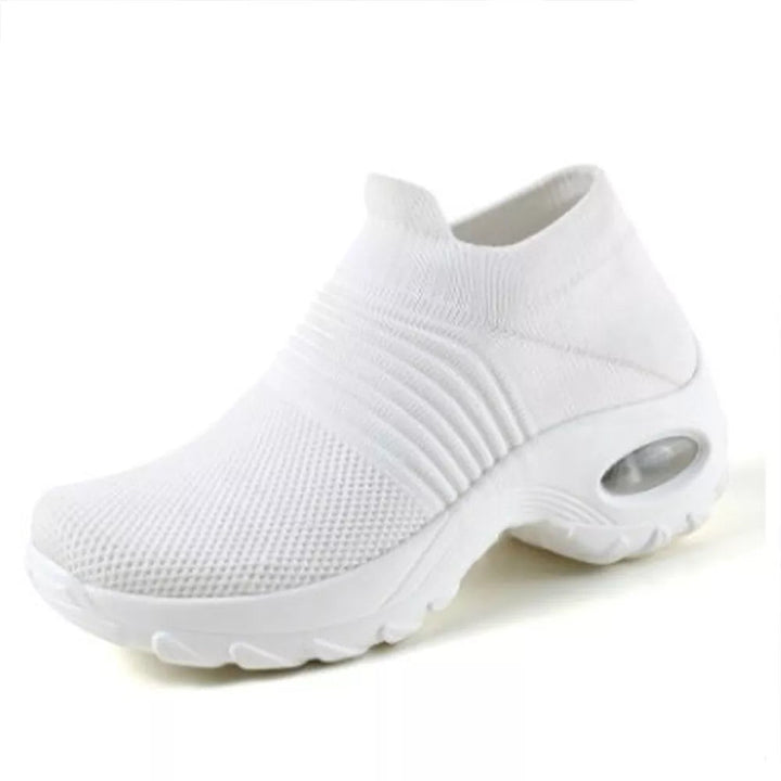 Weiße Damen-Sneaker mit Luftkissen, atmungsaktiv, bequem, rutschfeste Sohle.