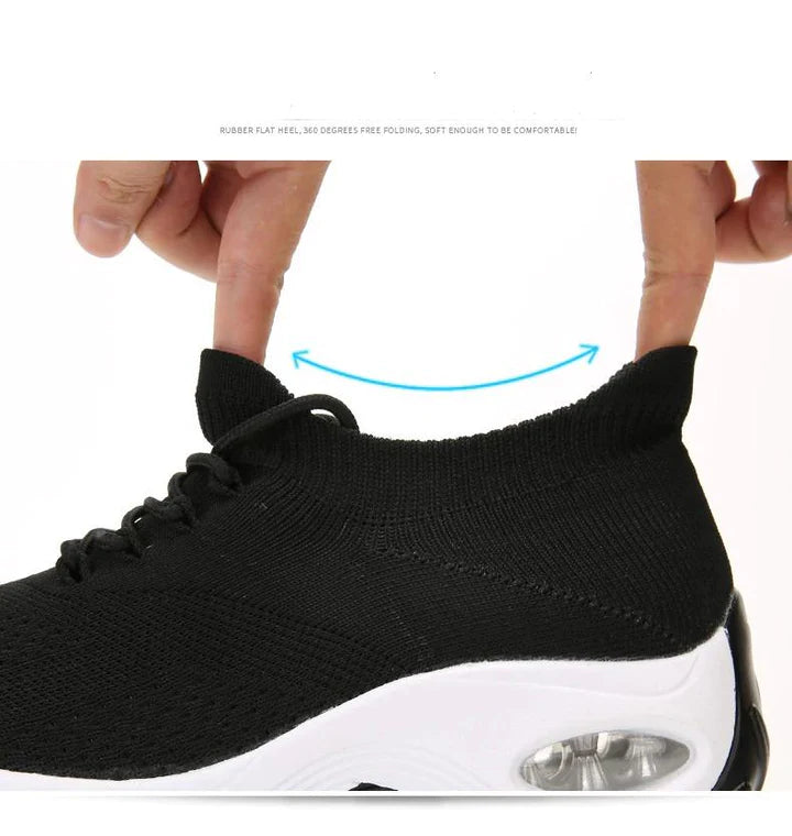 Schwarze orthopädische Damen-Wanderschuhe, bequem, atmungsaktiv, mit flacher Sohle.