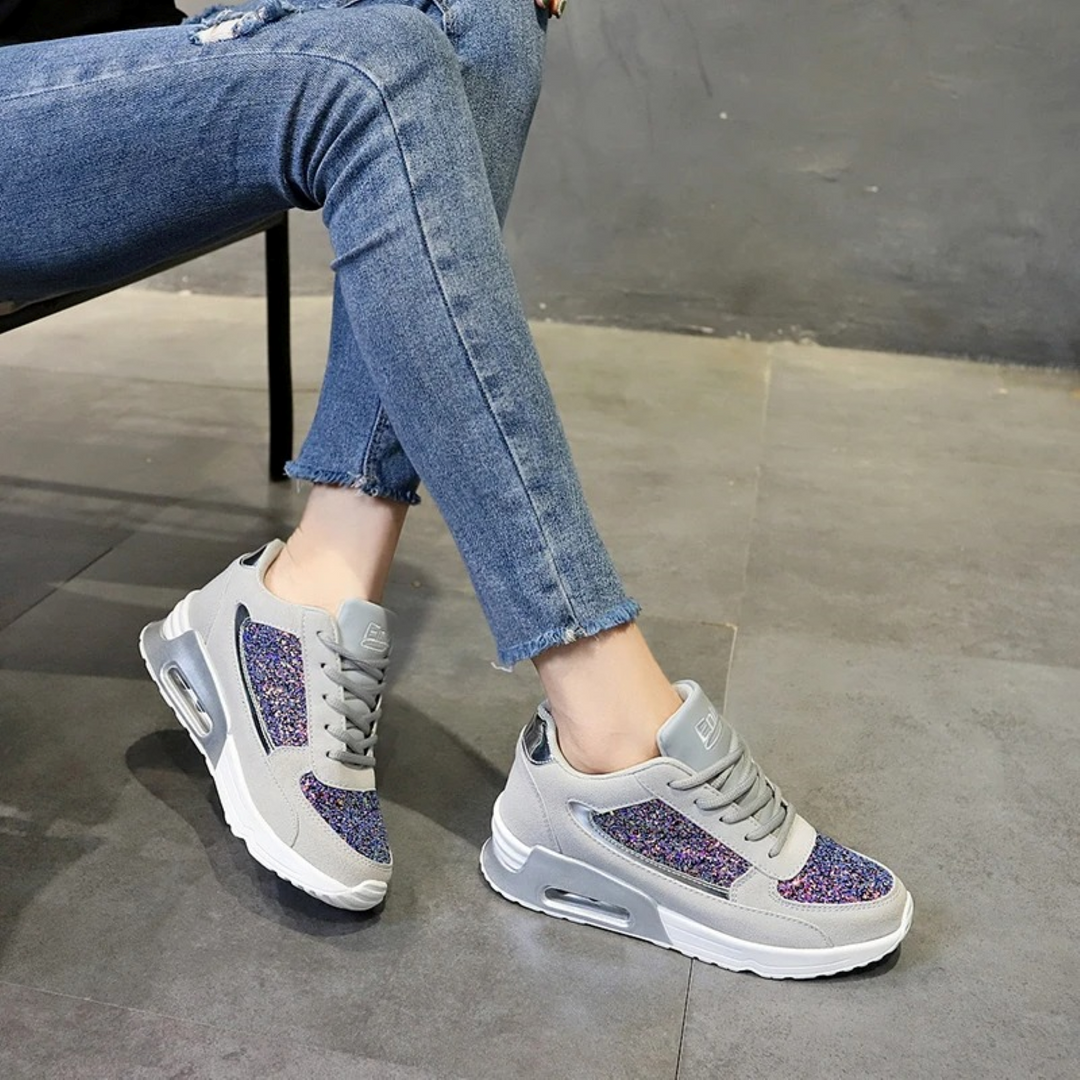 Graue Damen-Sneaker, orthopädisch, leicht, mit runder Spitze, glitzernde Details.