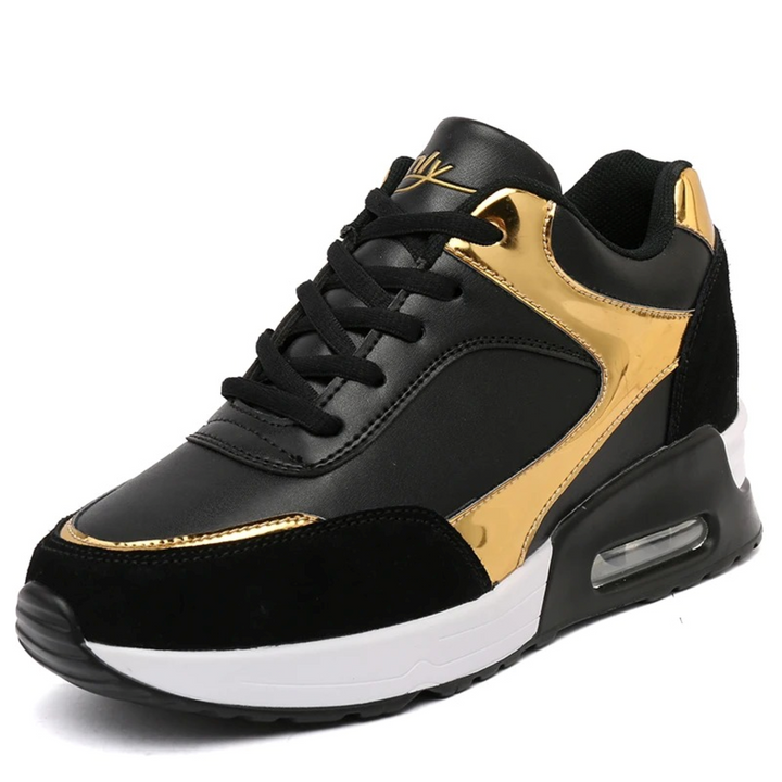 Schwarze und goldene Damen-Sneaker, orthopädisch, leicht, runde Zehenform.